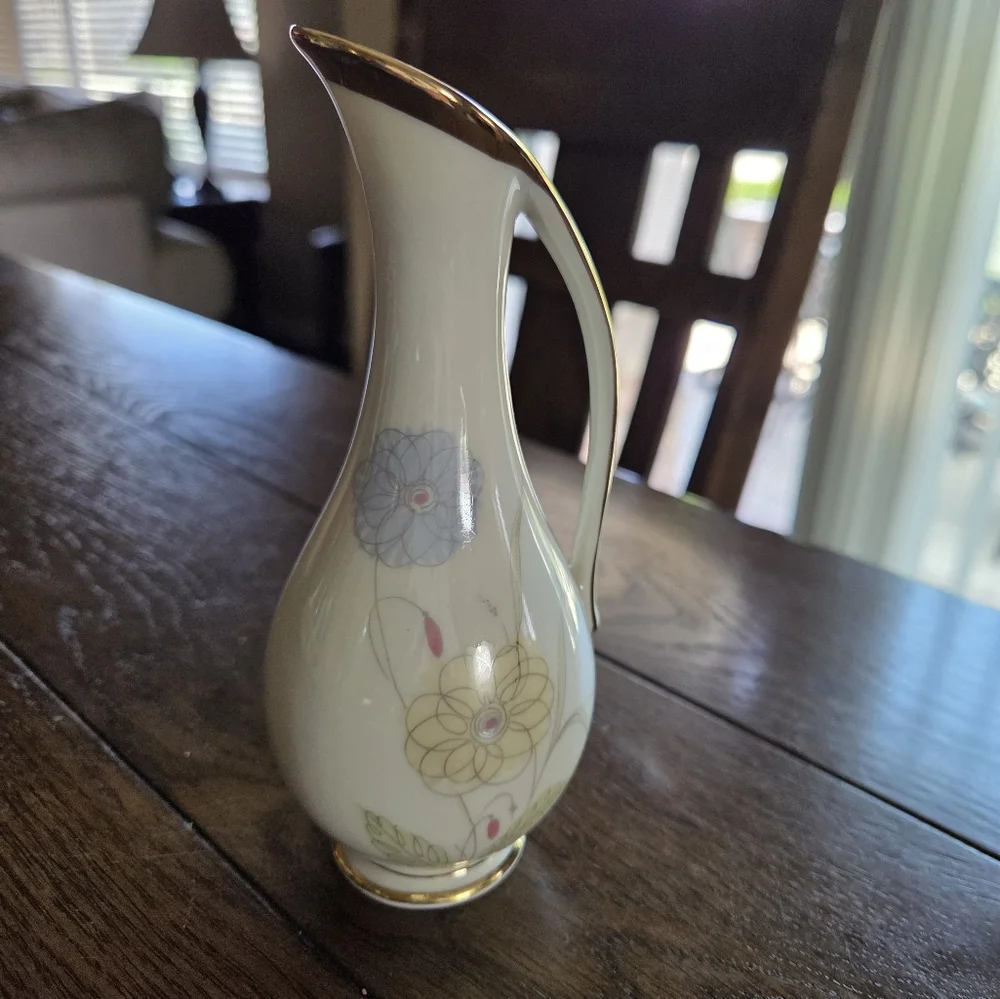 Mid Century Asymetic Floral Vase With Handle Floral With Gold Trim